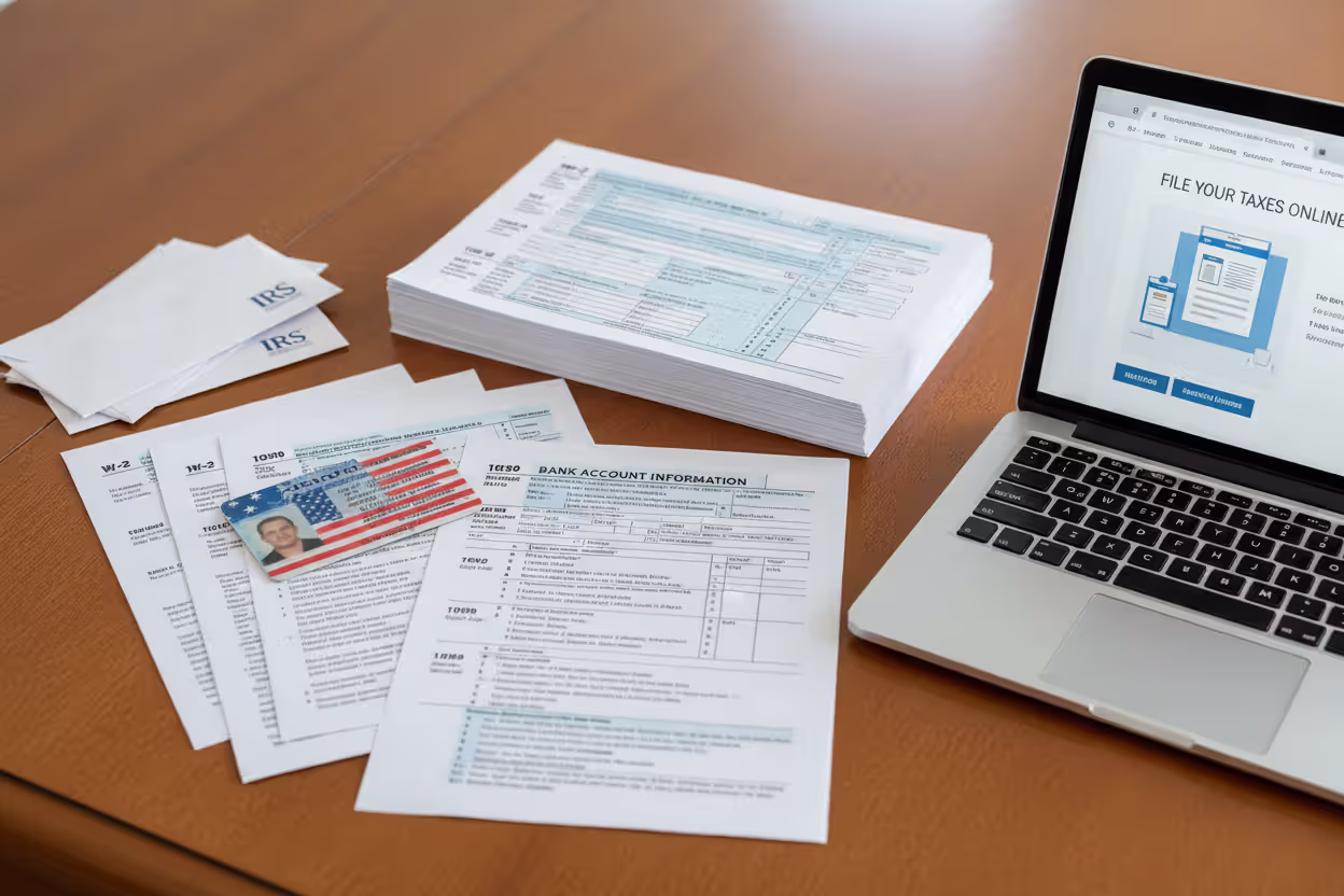 Organized tax documents prepared for online state tax filing