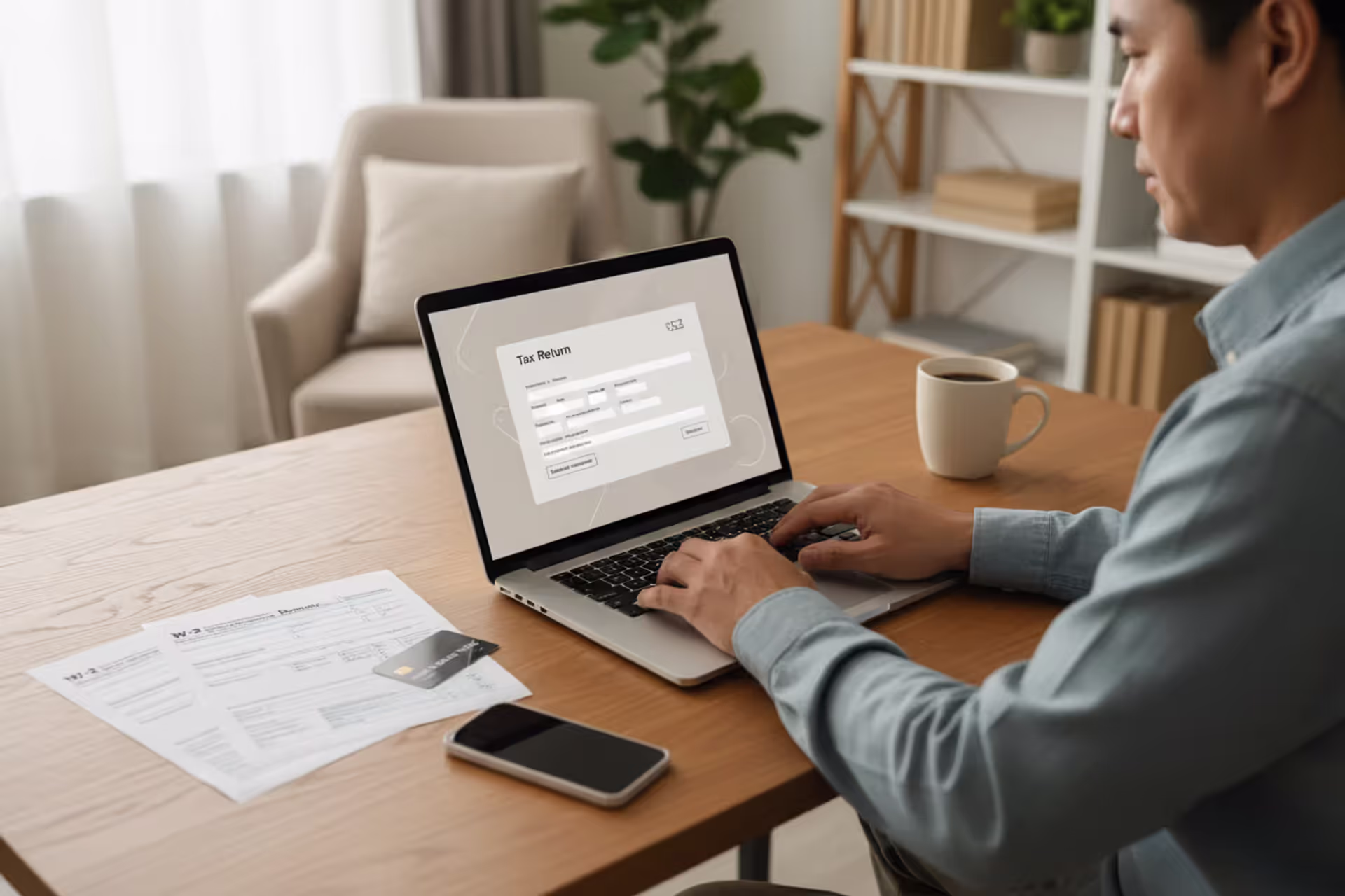 Person filing taxes online at home with tax documents on desk