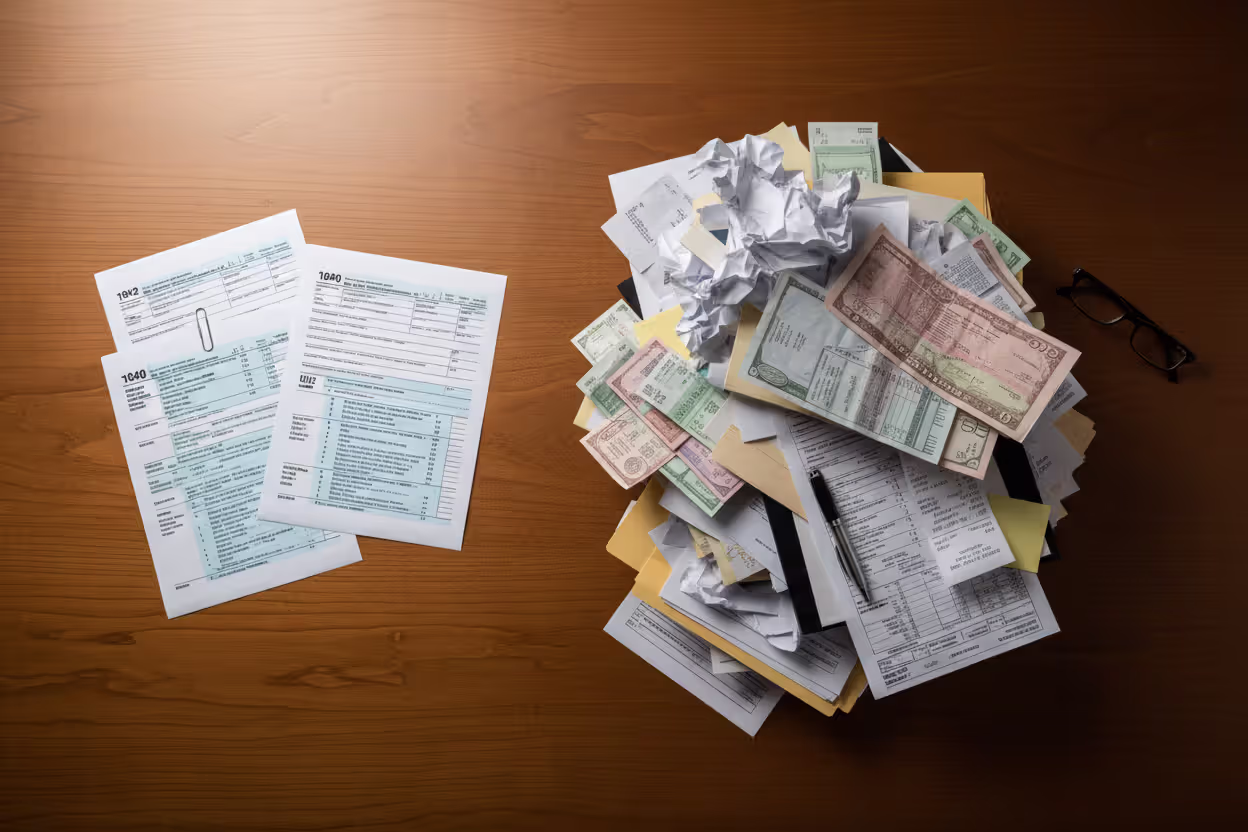 Simple and complex tax filing documents arranged side by side