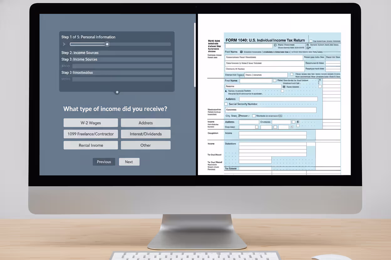 Split screen showing guided tax software and manual fillable tax forms