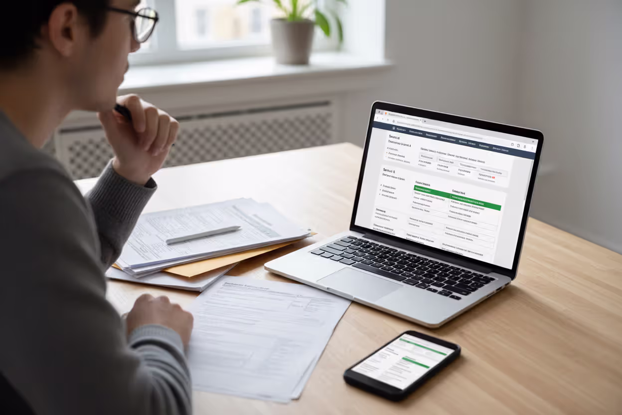 Person comparing online tax filing providers on a laptop with tax documents nearby