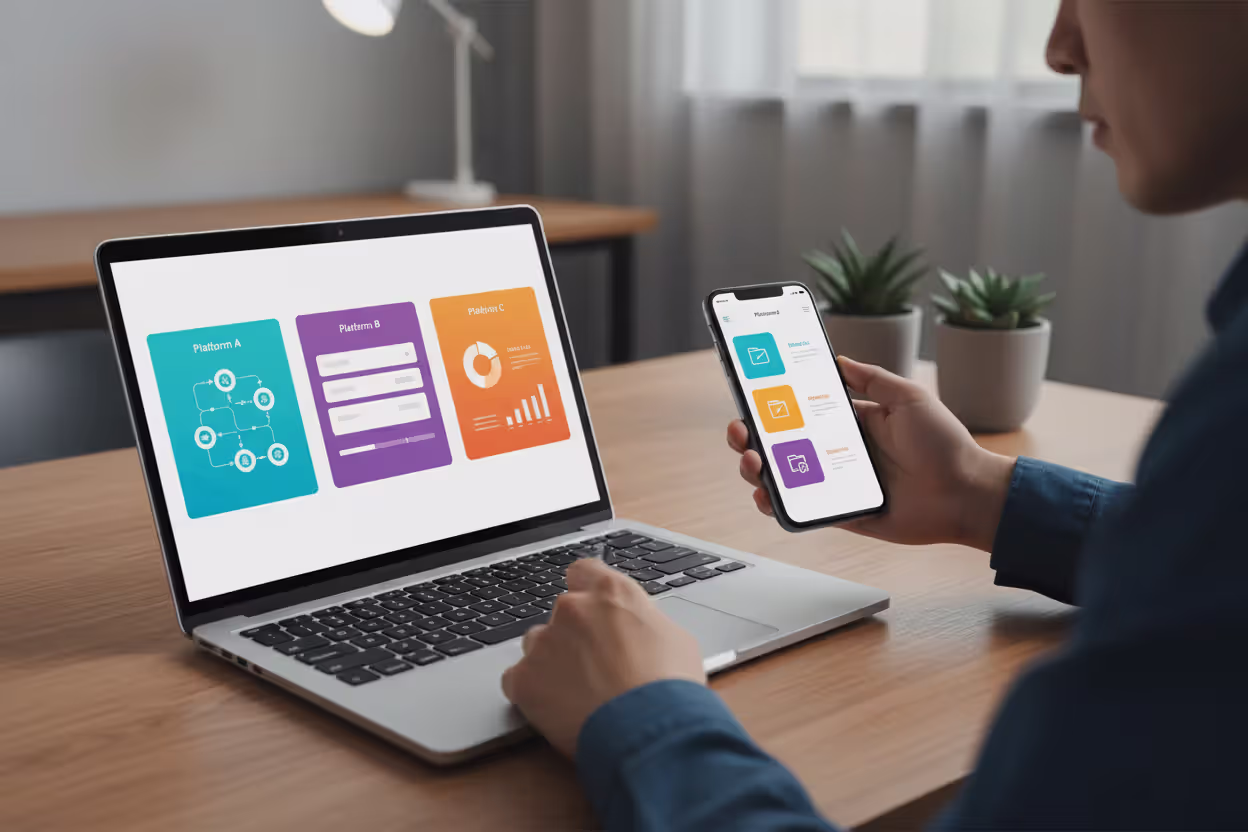 User comparing online tax filing services on phone and laptop