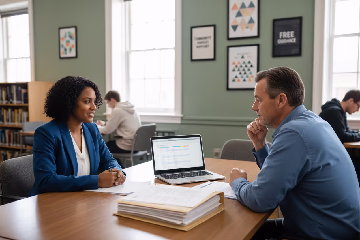 Volunteer helping a taxpayer with documents in person