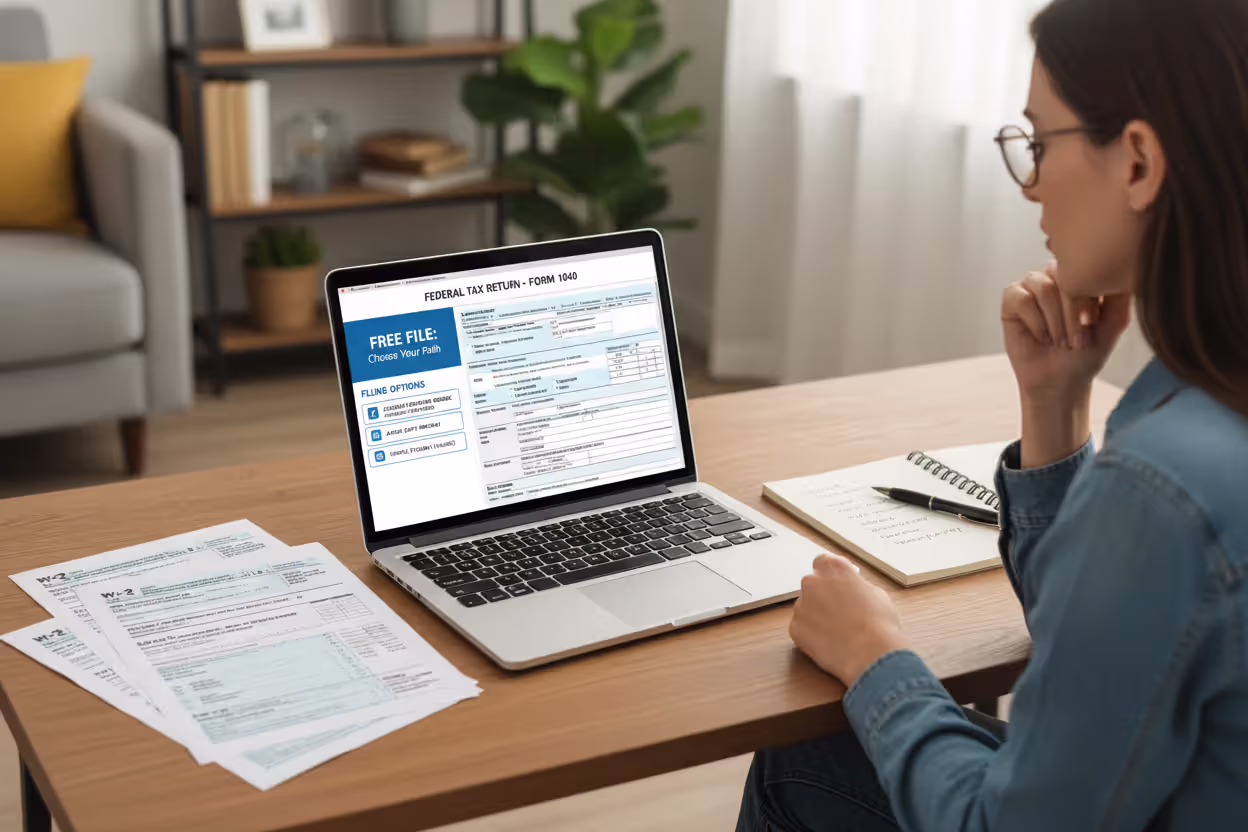 Taxpayer reviewing free filing options at home with documents