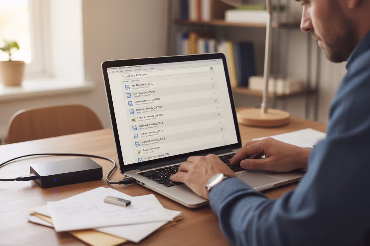 Searching old emails for tax documents on a laptop