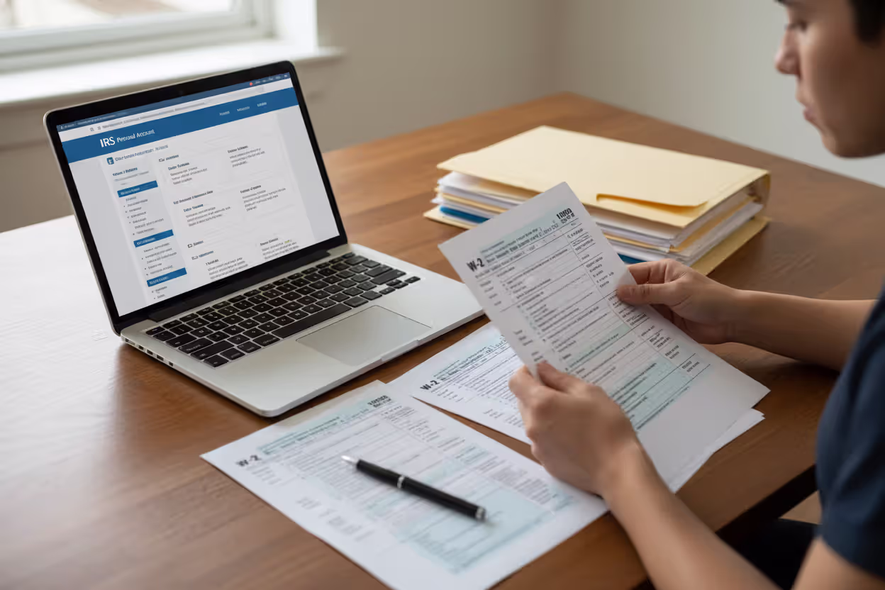 Taxpayer reviewing old tax records and IRS account online