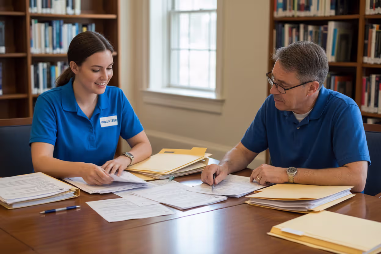 Volunteer assisting a taxpayer with back tax return documents
