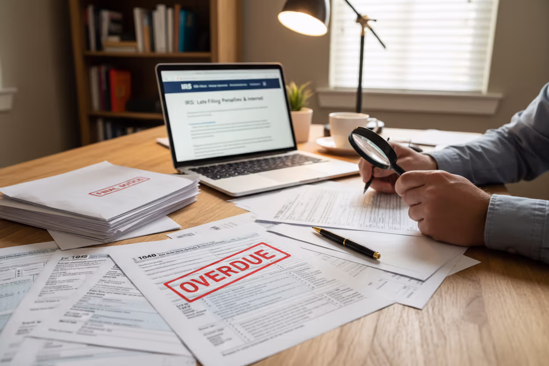 Person reviewing overdue U.S. tax documents at a desk
