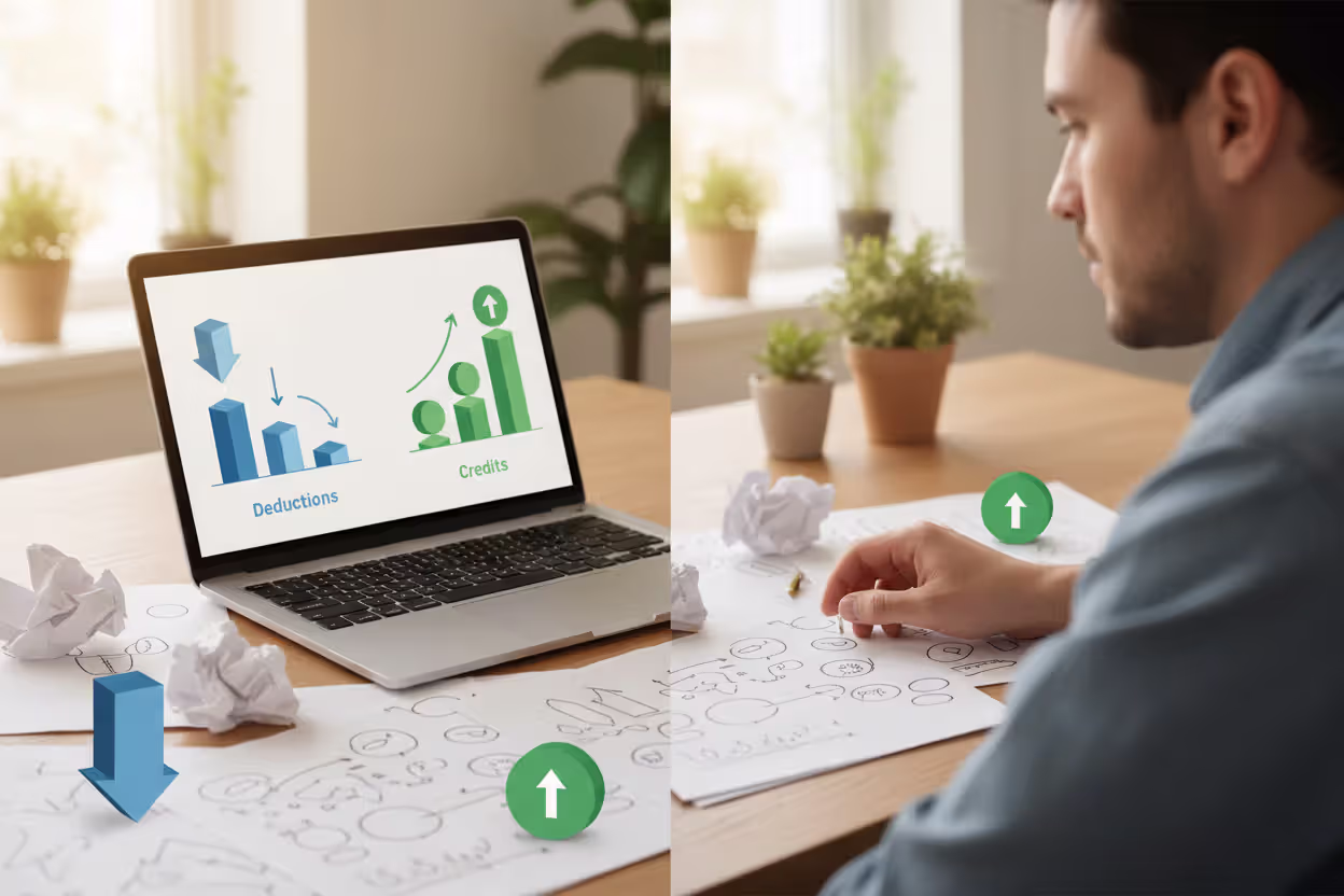 Person comparing tax deductions and tax credits on a laptop