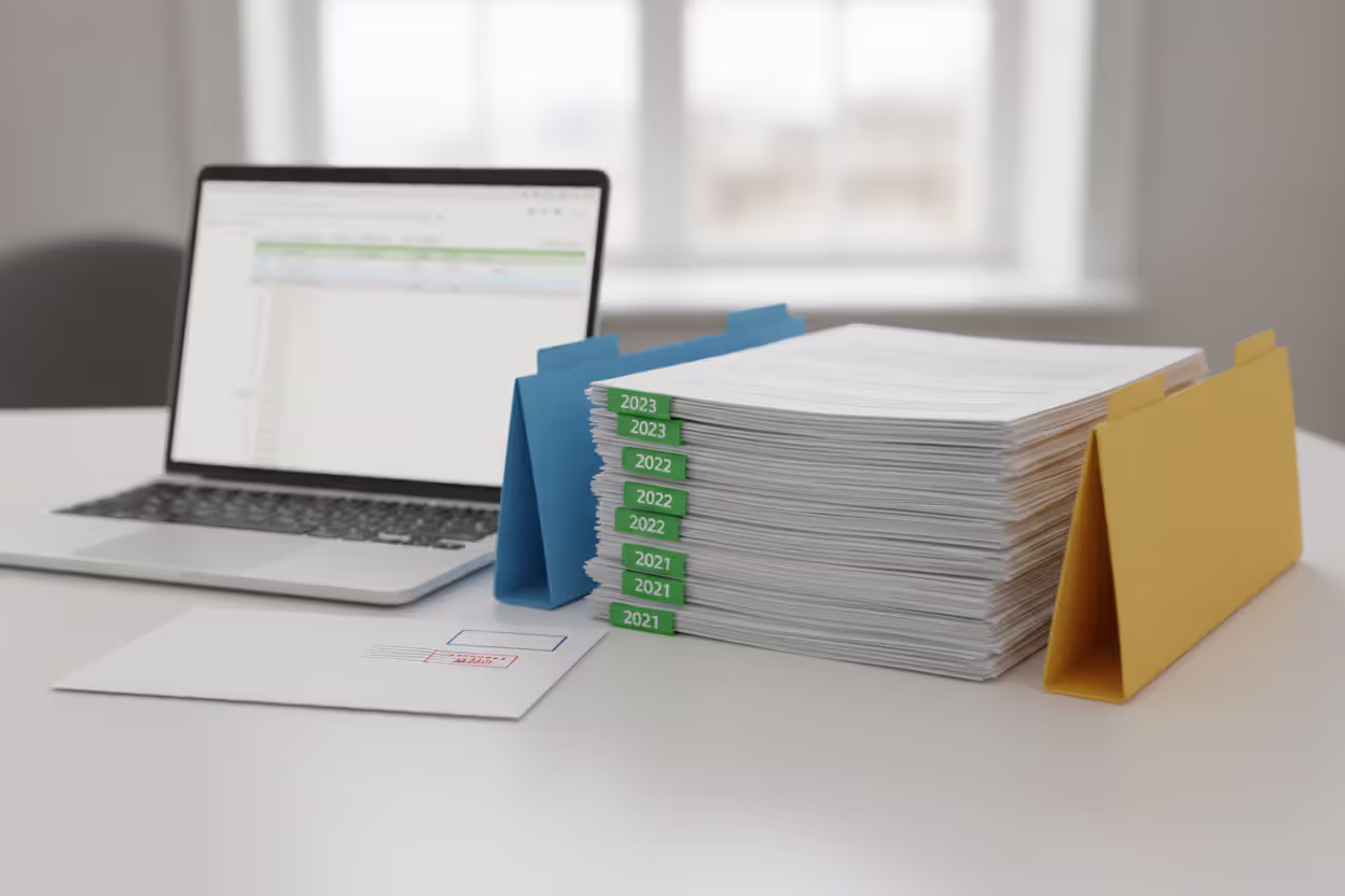 Organized tax documents sorted by year on a desk