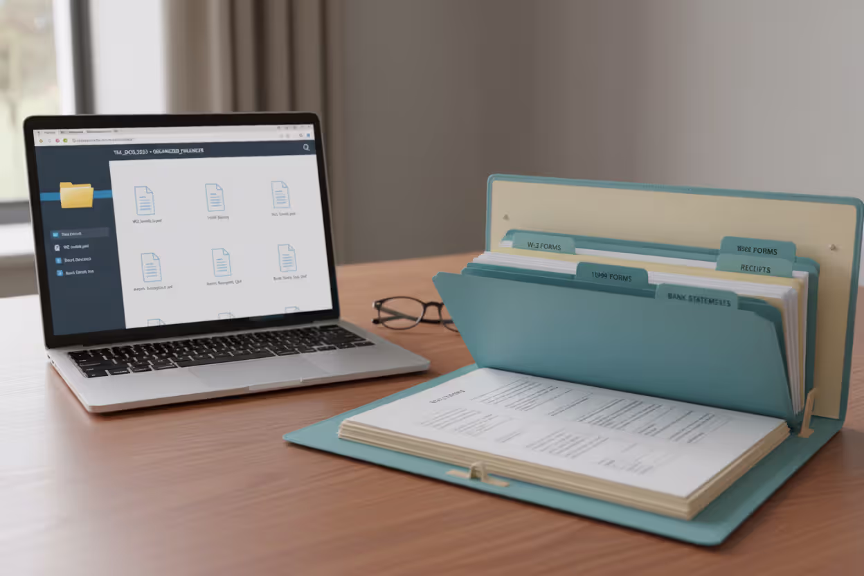 Organized tax documents in a folder next to a laptop