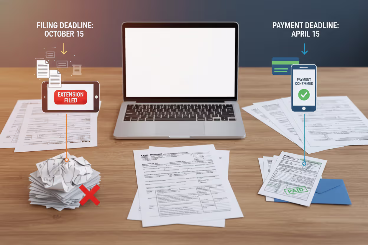 Tax documents illustrating the difference between filing deadline and payment deadline