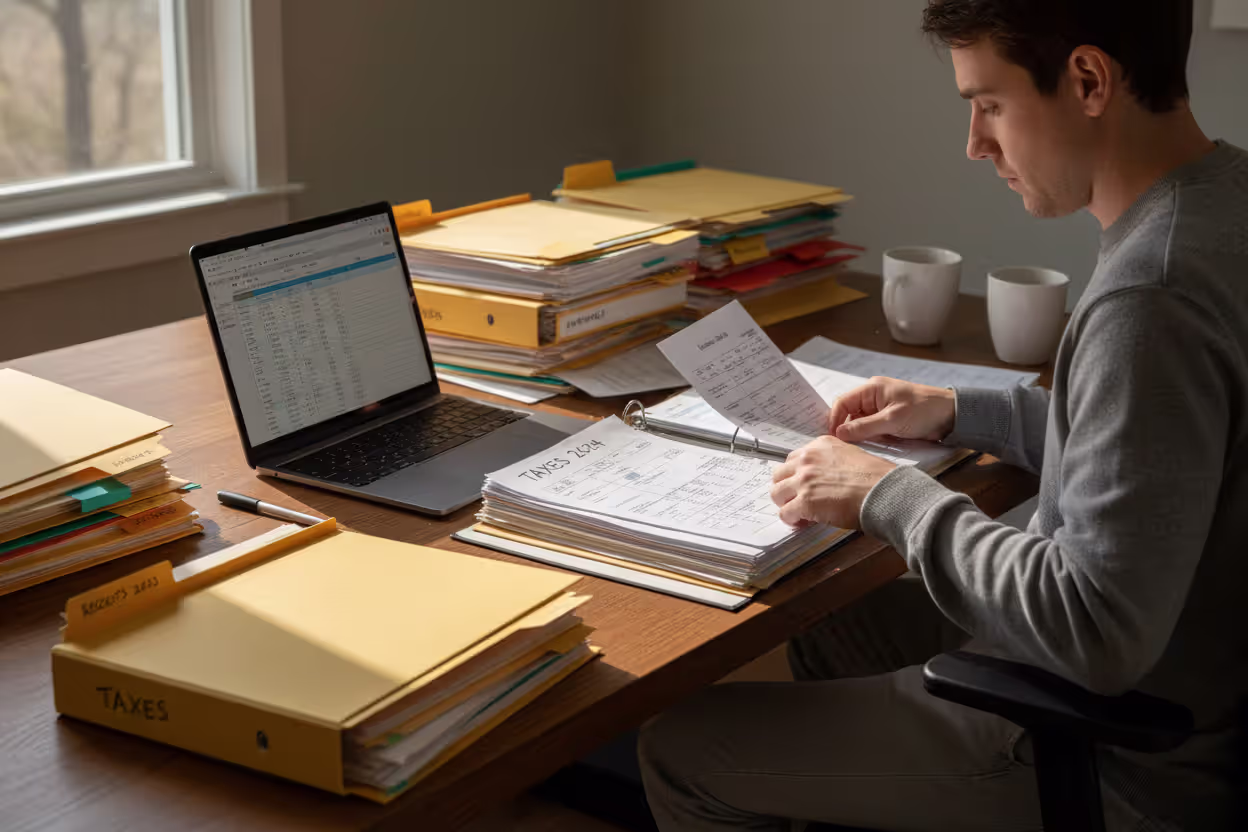 Person organizing tax records before filing an extension