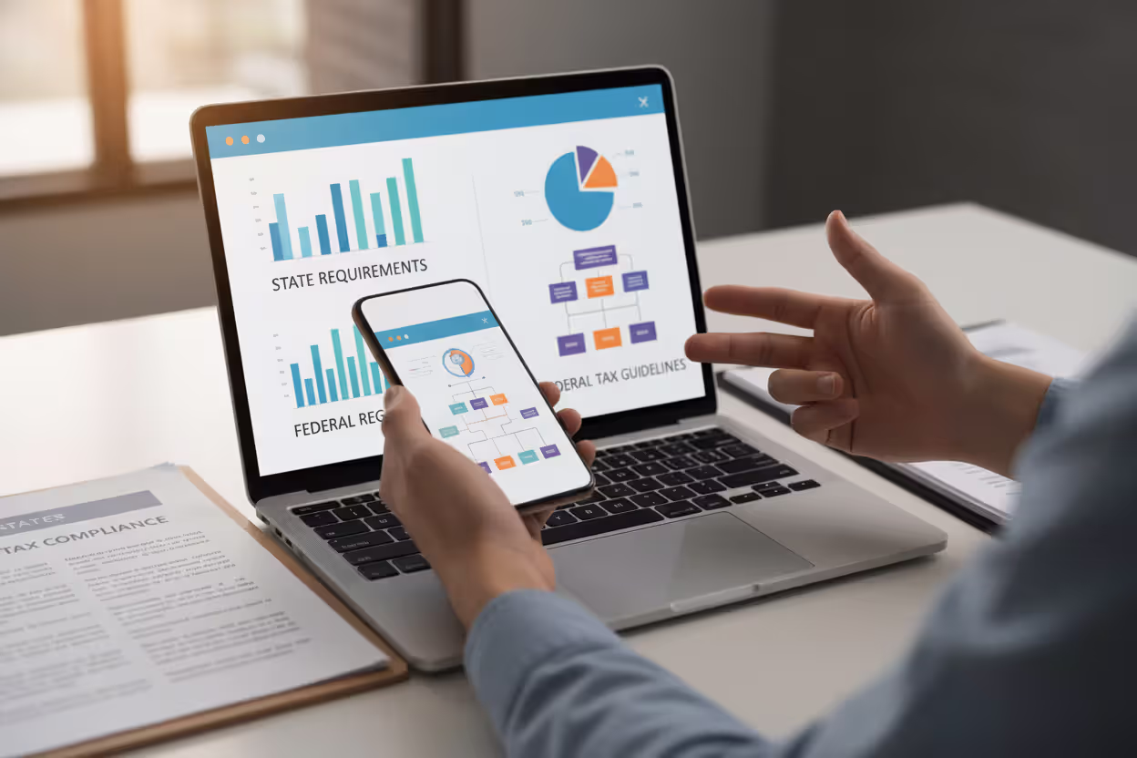 Checking state tax extension rules on a laptop and phone