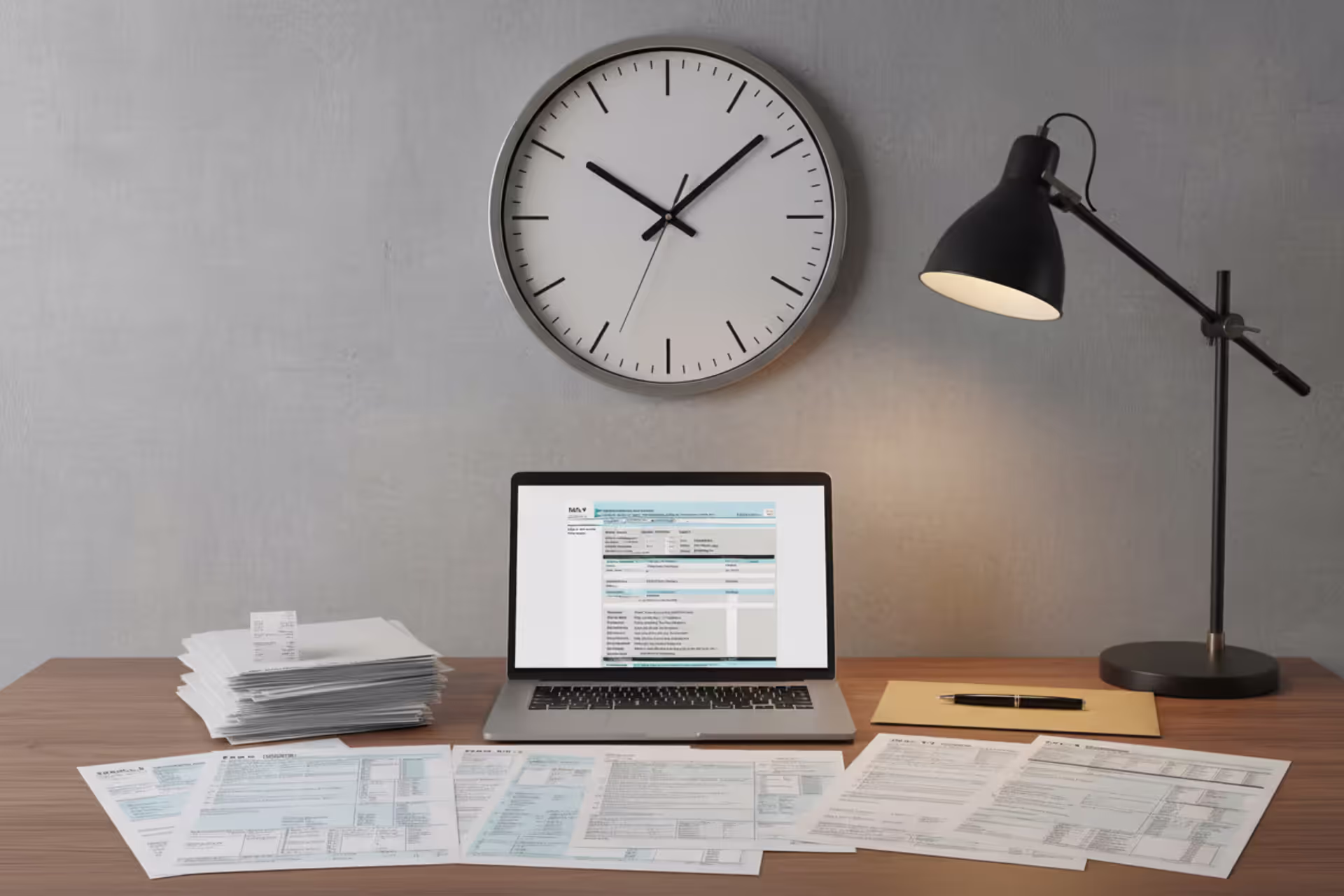 Tax documents and laptop on a desk before a filing deadline