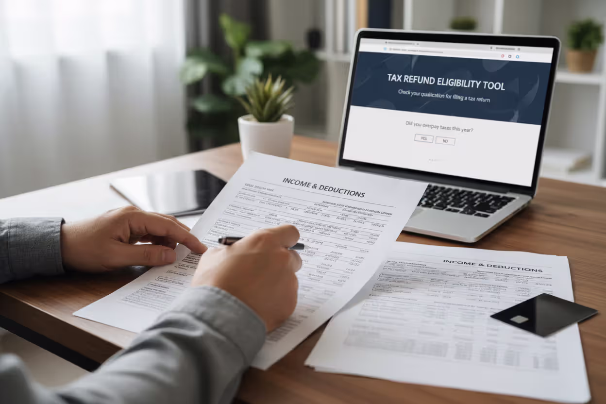 Person reviewing income documents and possible tax refund