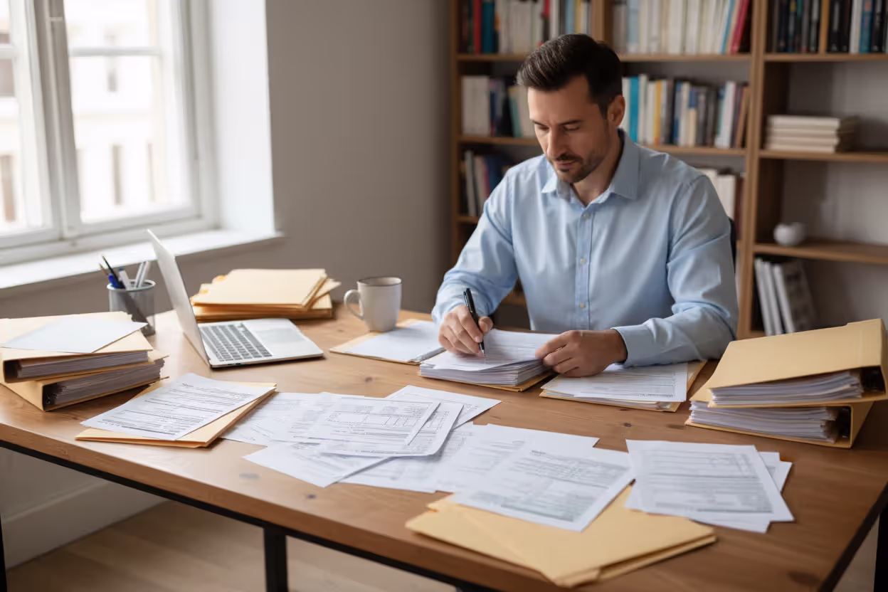 Person organizing tax documents for filing
