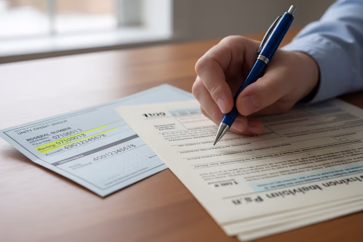 Bank check and tax paperwork prepared for direct deposit refund