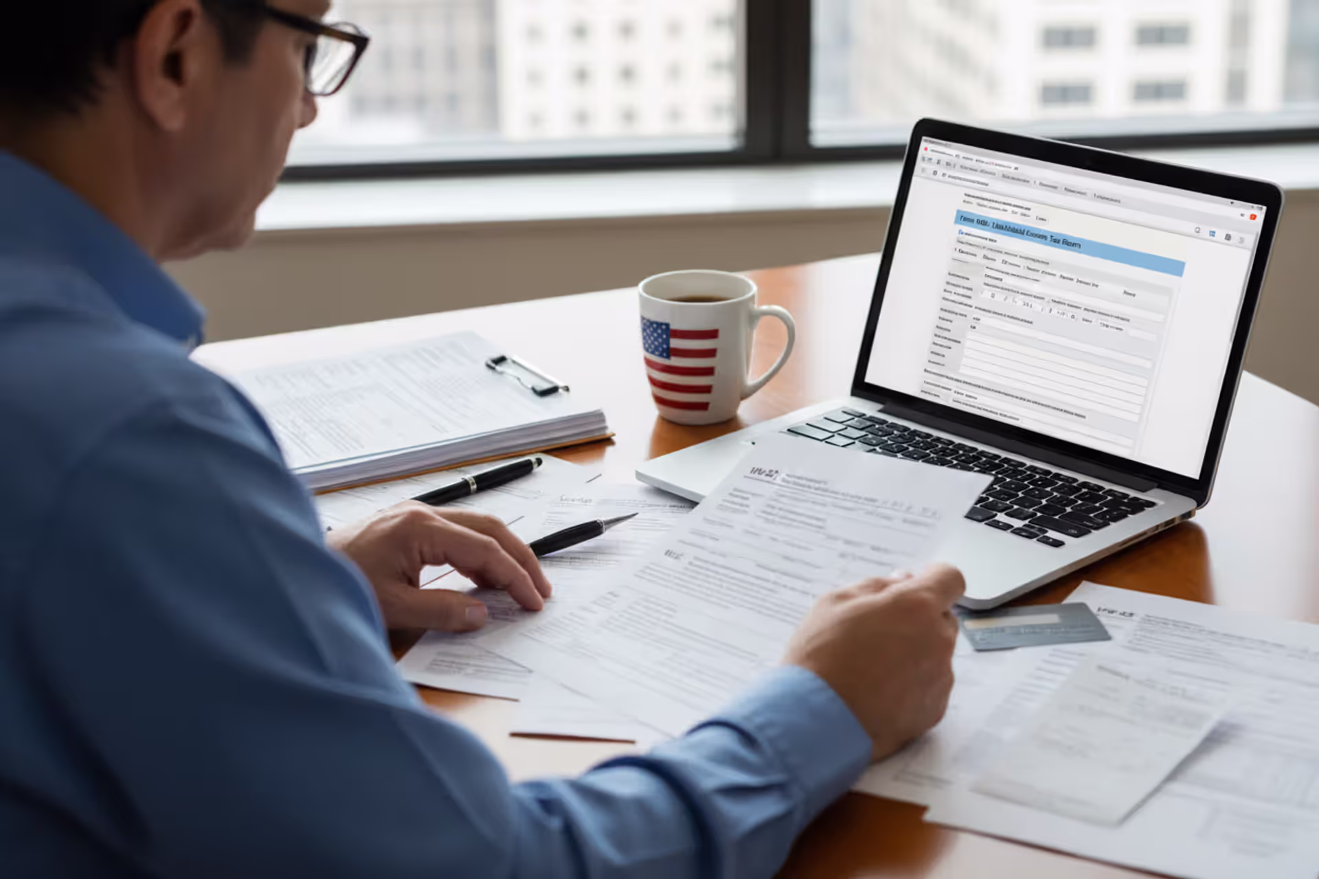 Person preparing U.S. tax documents at desk with laptop and forms