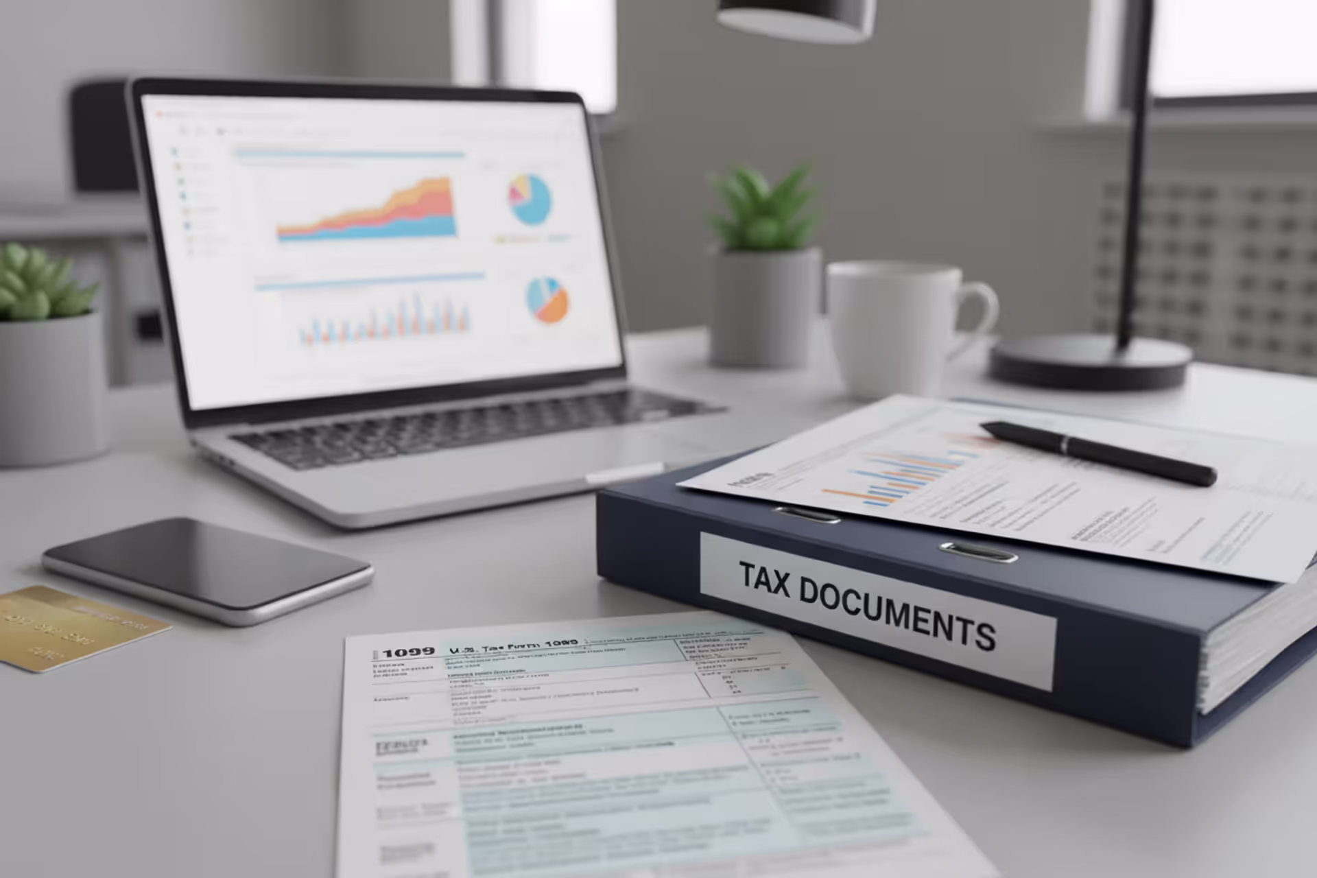 Freelancer reviewing a 1099 form and tax documents at a desk
