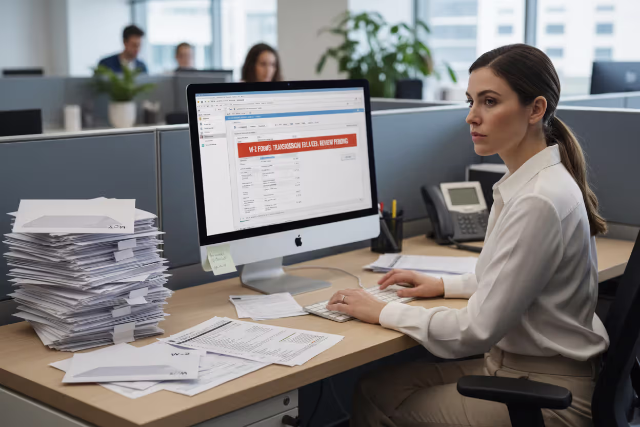 Payroll employee processing tax forms in an office