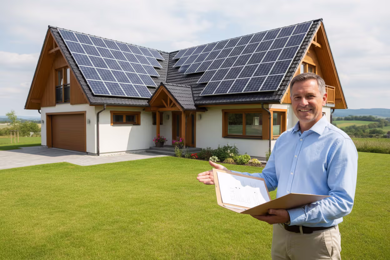 Homeowner with solar panels preparing tax credit documents
