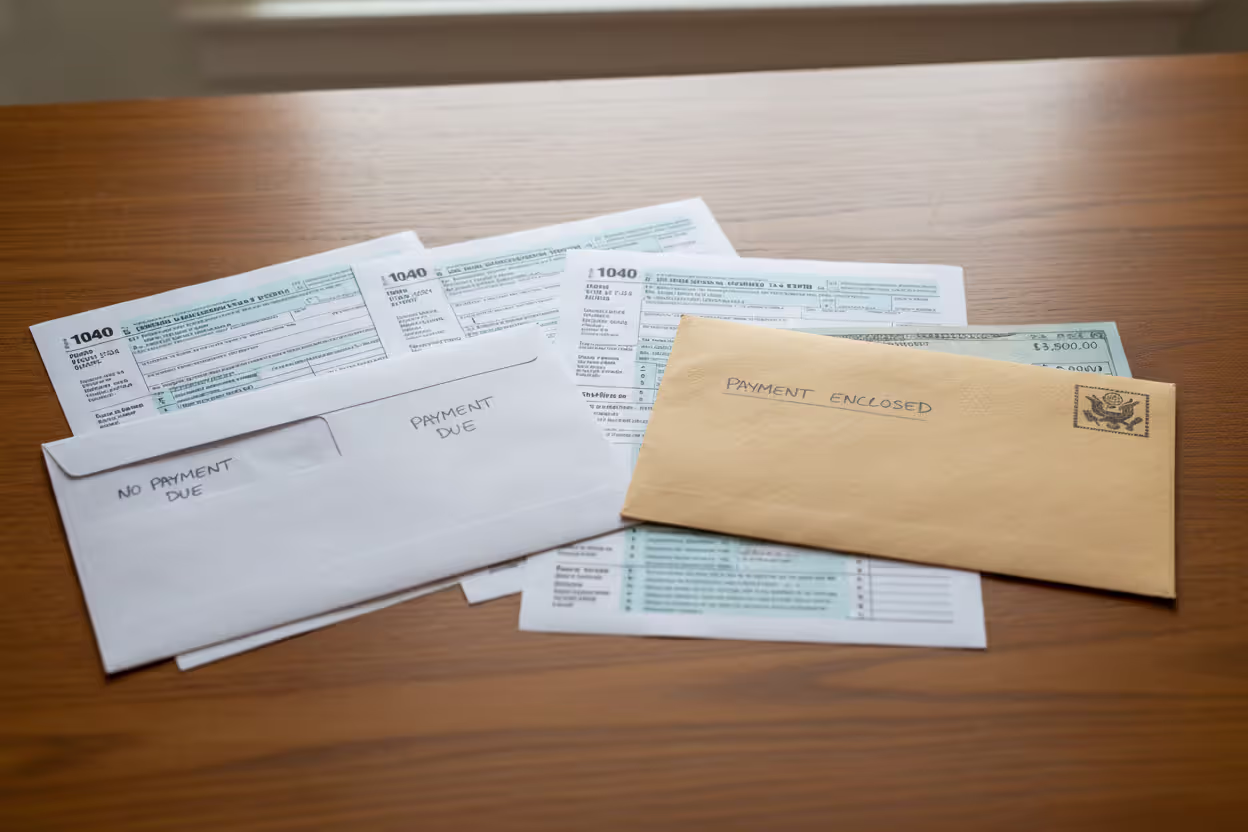 Two tax return envelopes addressed to different IRS processing centers