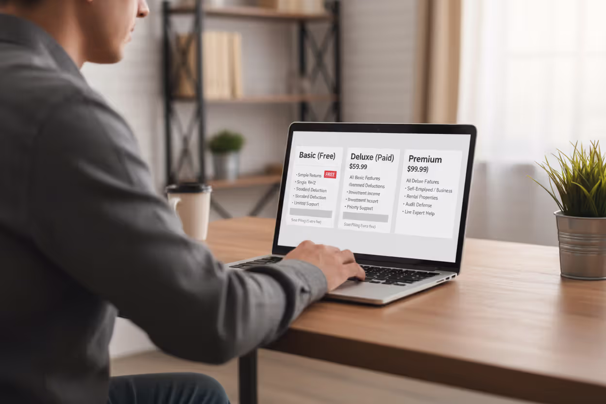 Person comparing free and paid tax software options on laptop