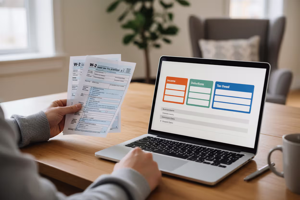 Employee filing a basic tax return using W-2 forms and a laptop