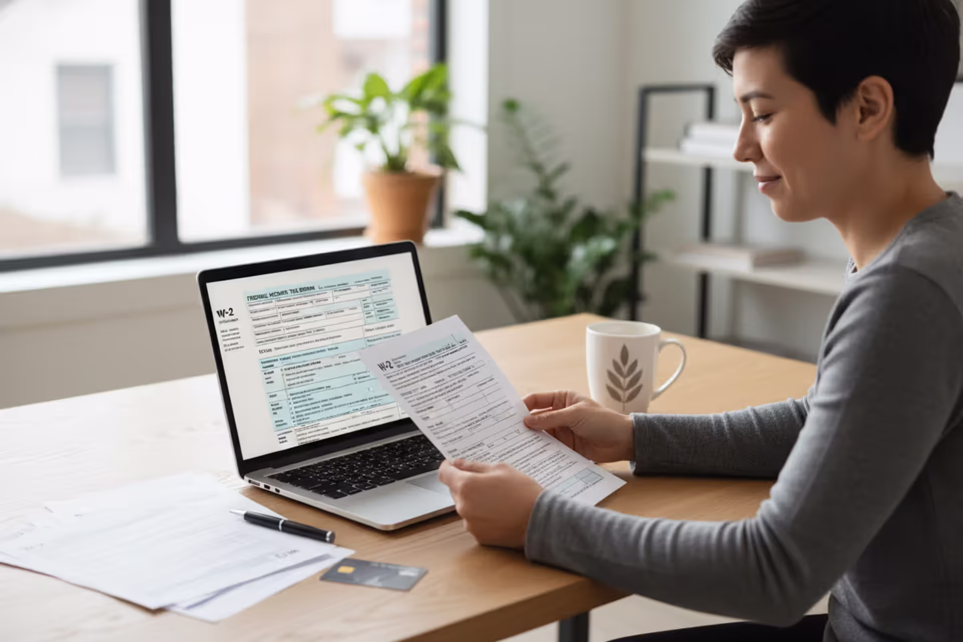 Person reviewing a simple tax return on a laptop with W-2 forms on a desk