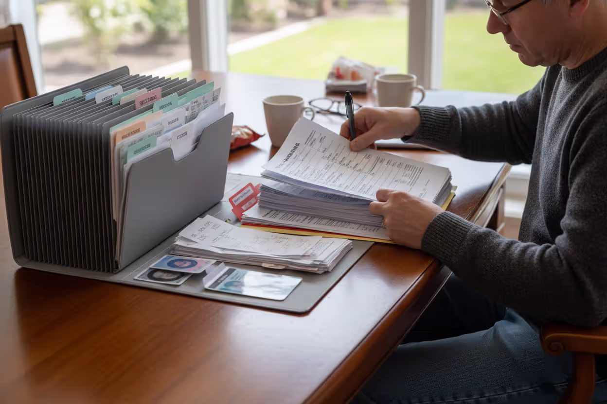 Person organizing tax forms into labeled folders