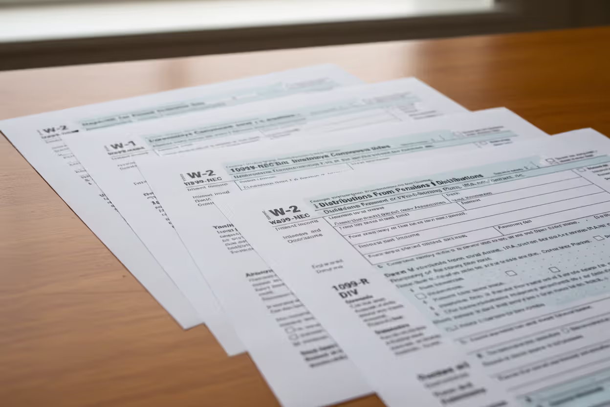 Assorted U.S. tax forms laid out on a desk