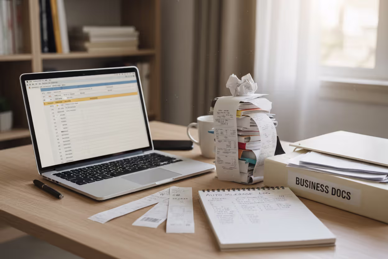 Self-employed worker tracking business expenses and mileage