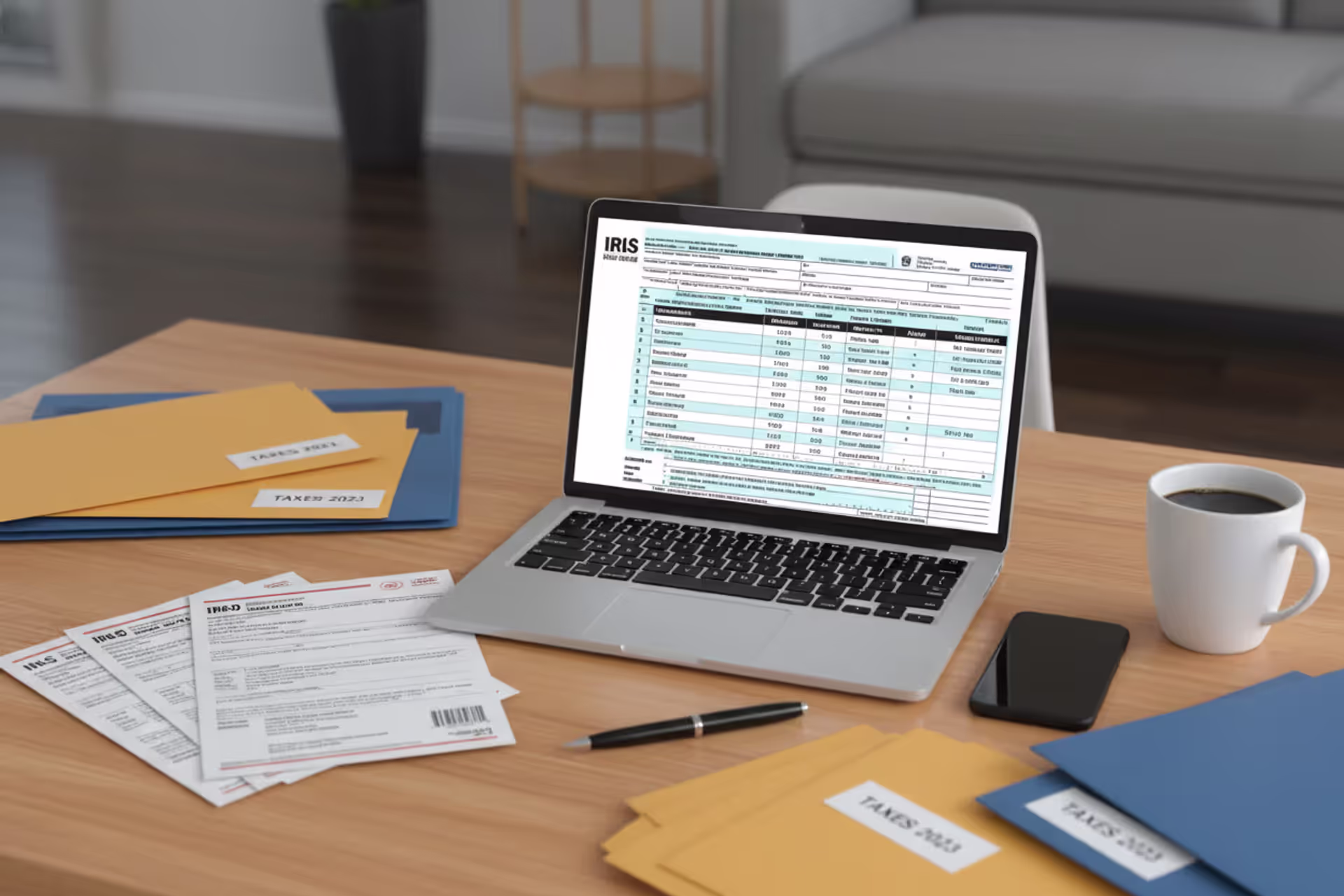 Tax documents organized on a home office desk