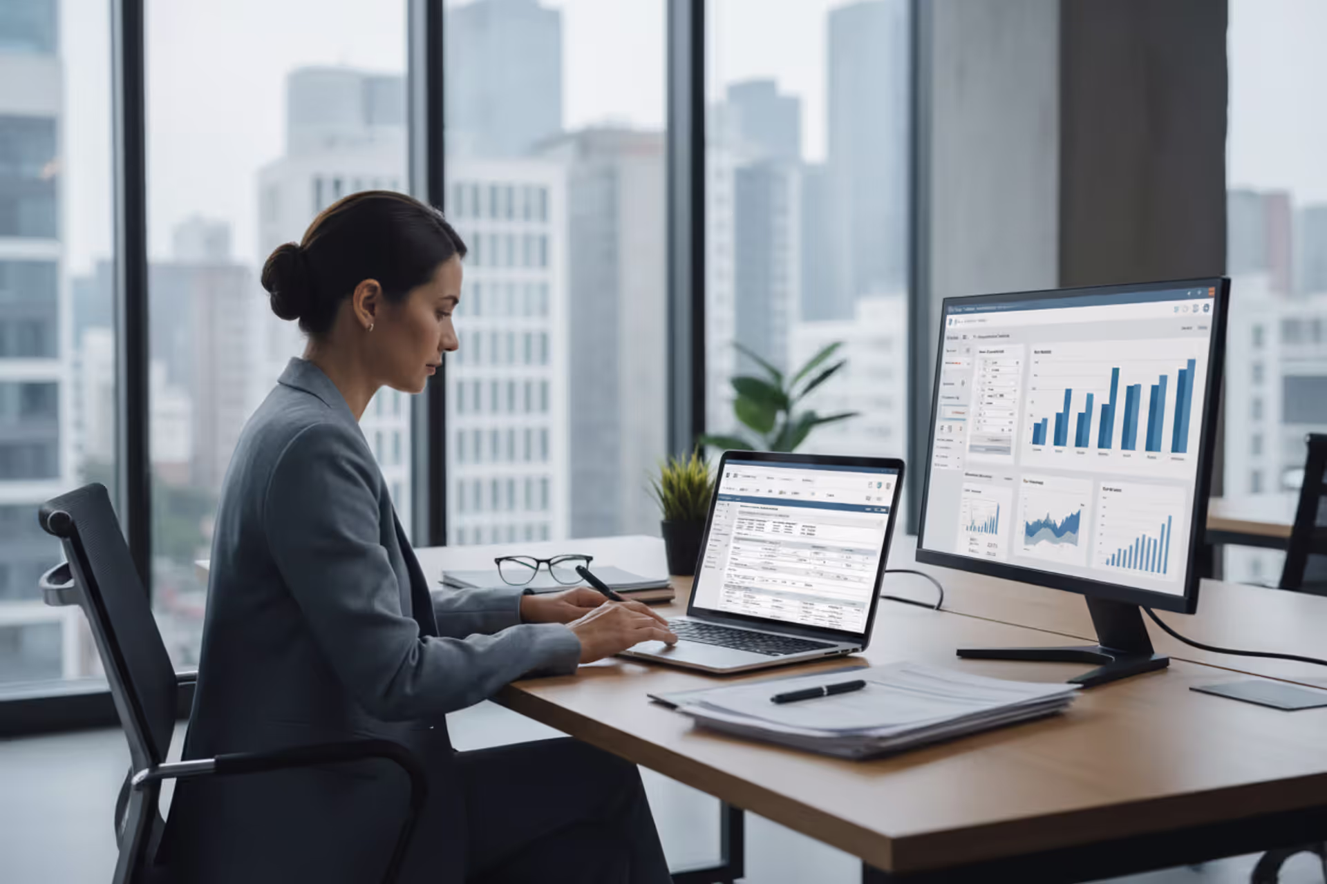 Tax professional working with tax preparation software in a modern office