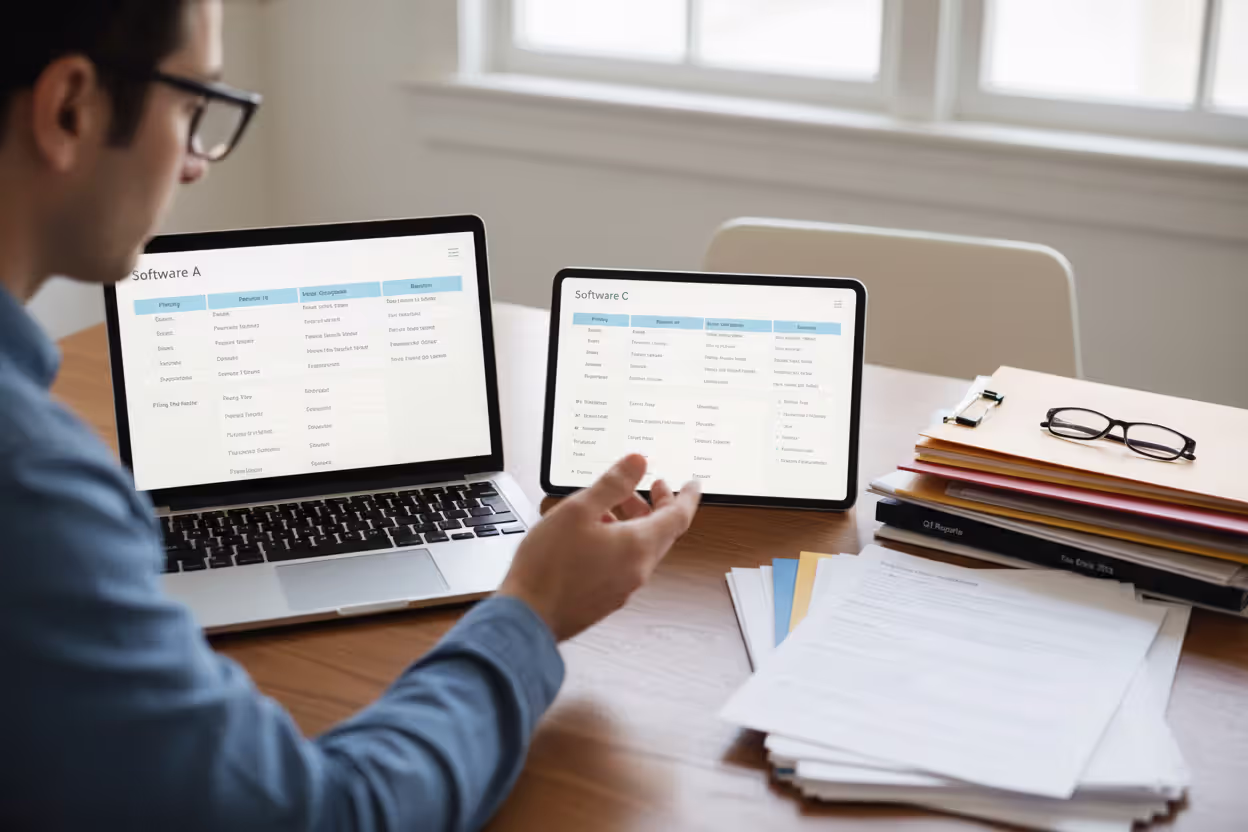 Person comparing different tax software options on laptop and tablet