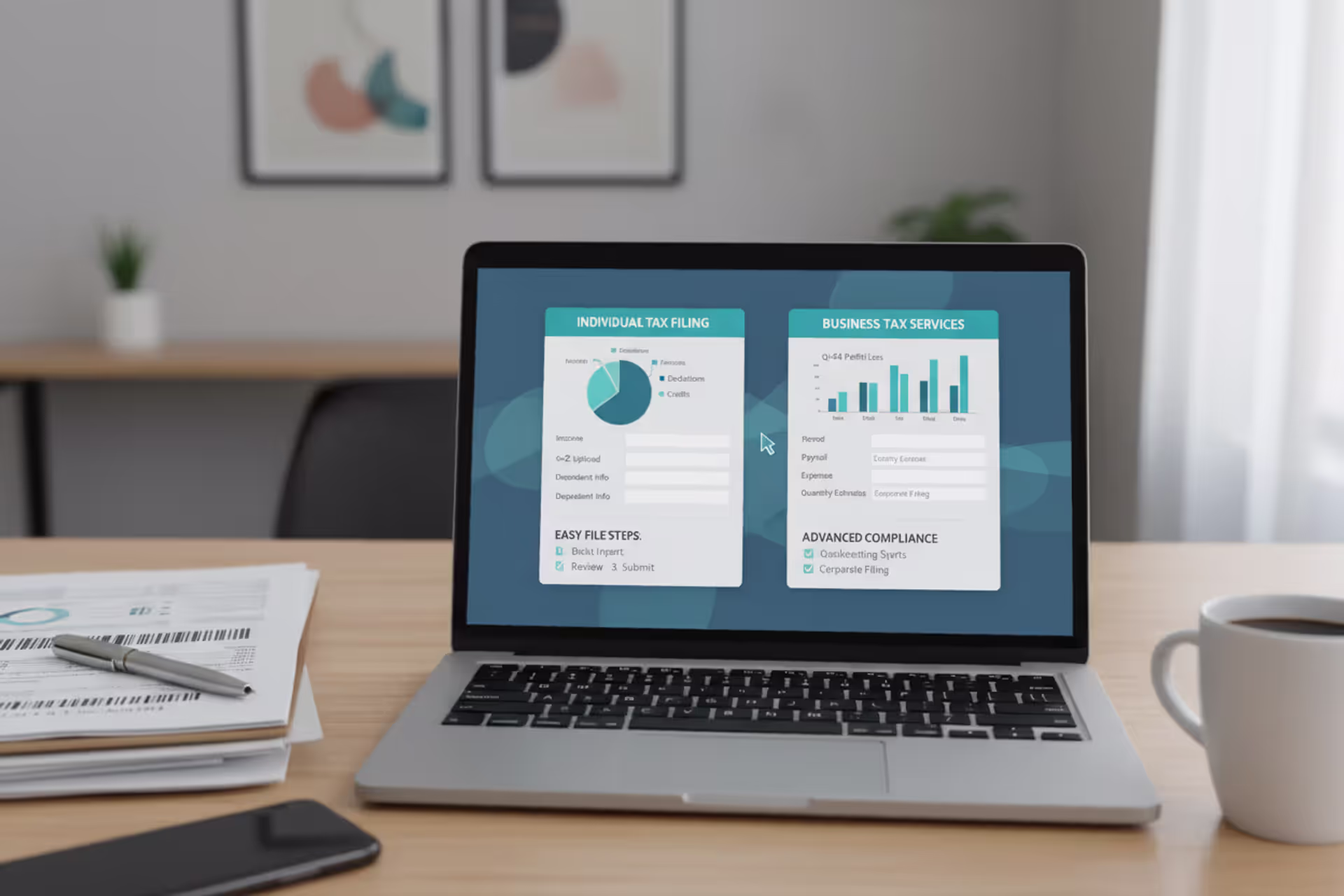 Tax preparation software interface on laptop with tax documents on desk