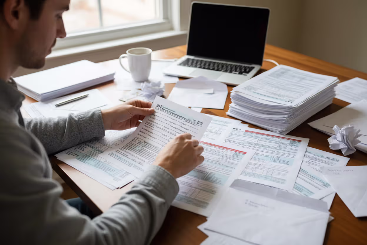 Taxpayer organizing W-2, 1099, and financial documents for filing