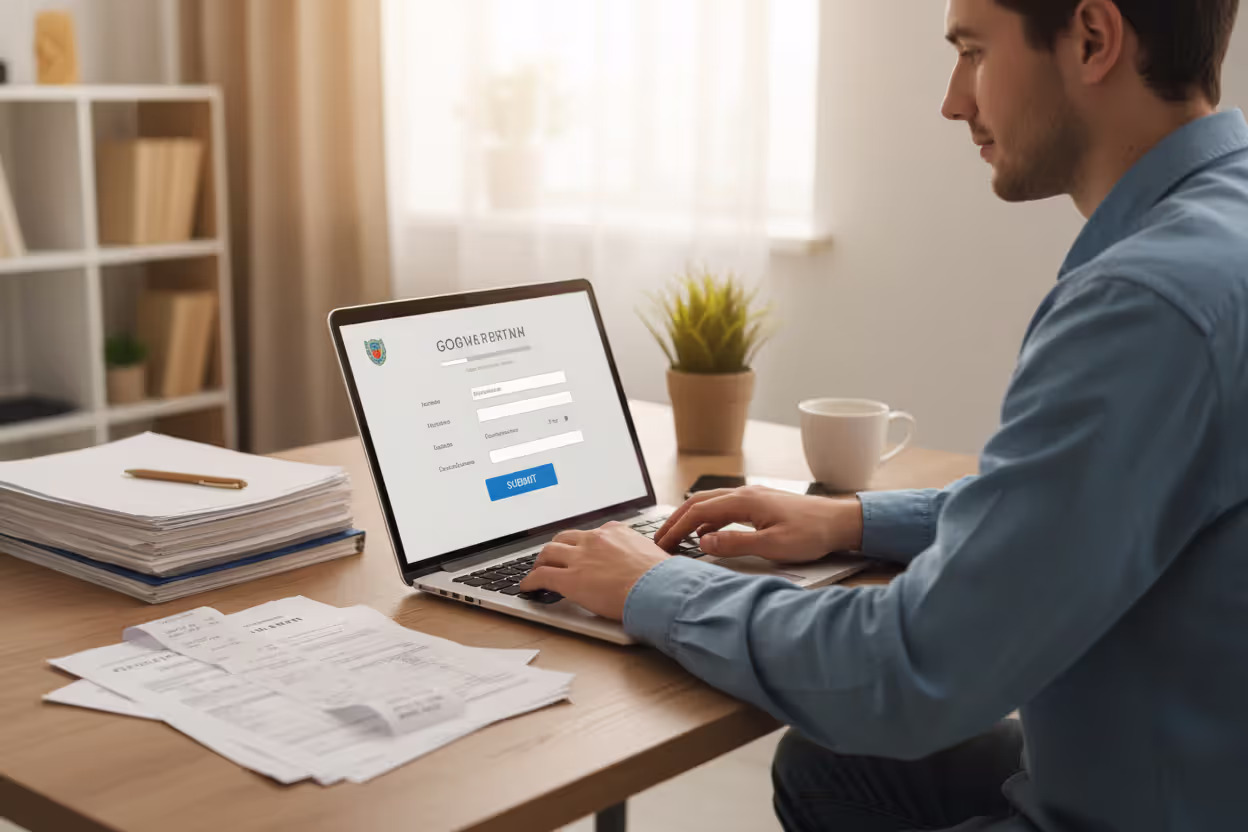 Young adult filing a tax return online from home with documents