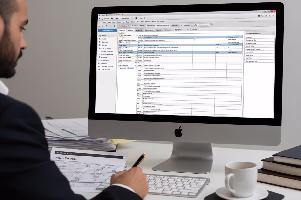 Tax professional preparing a corporate tax return on software