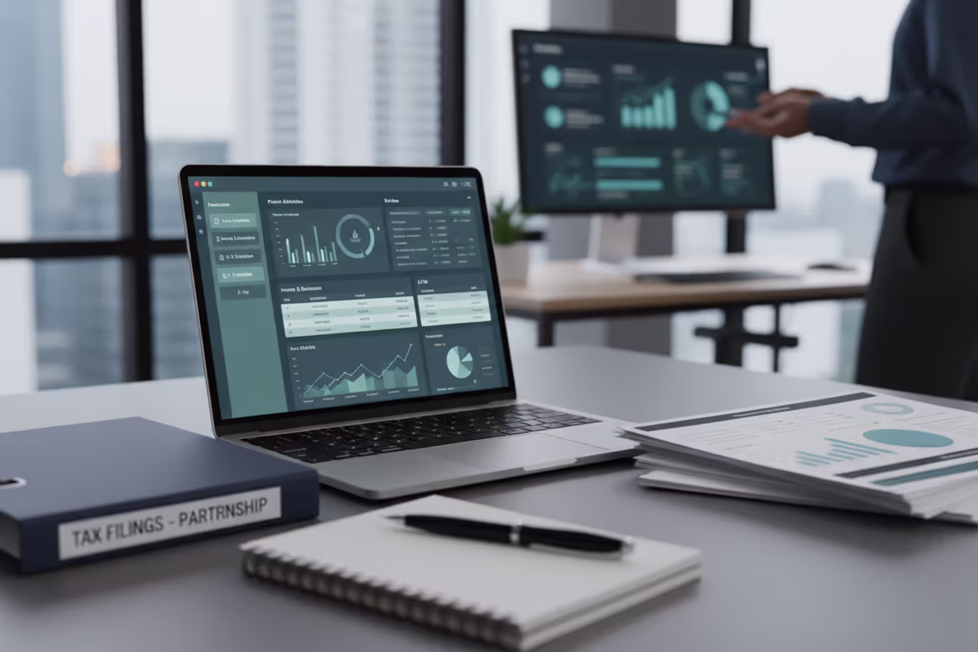 Partnership tax return software dashboard on laptop with tax documents on desk