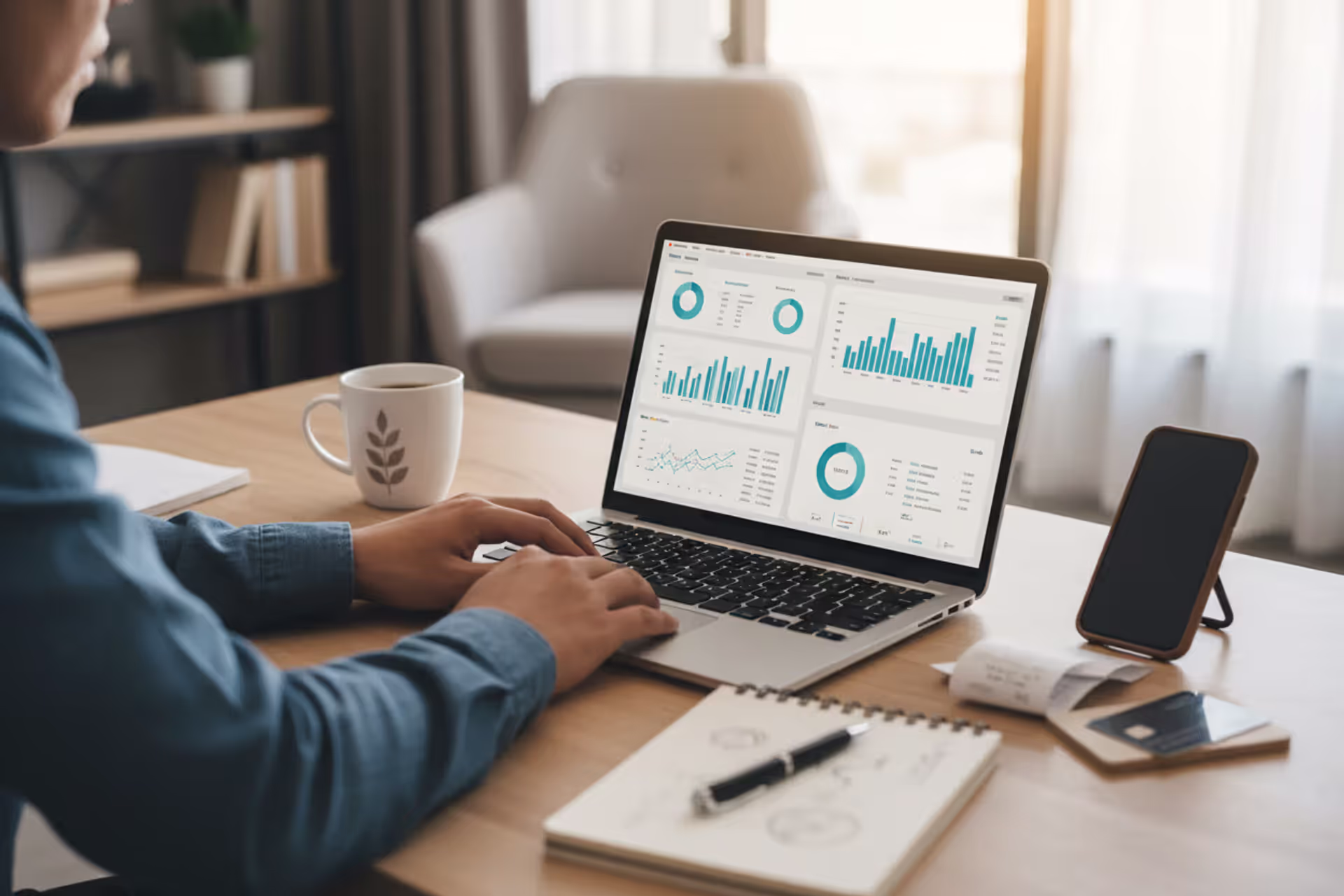 Self-employed professional reviewing taxes and expenses at a home office desk