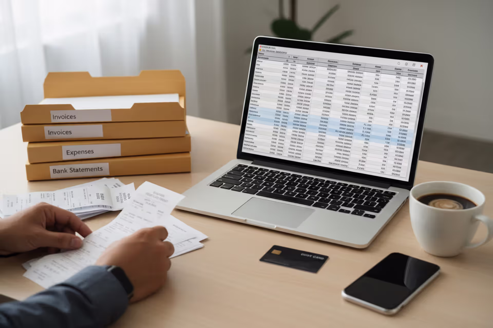 Small business tax preparation workspace with laptop, receipts, and documents