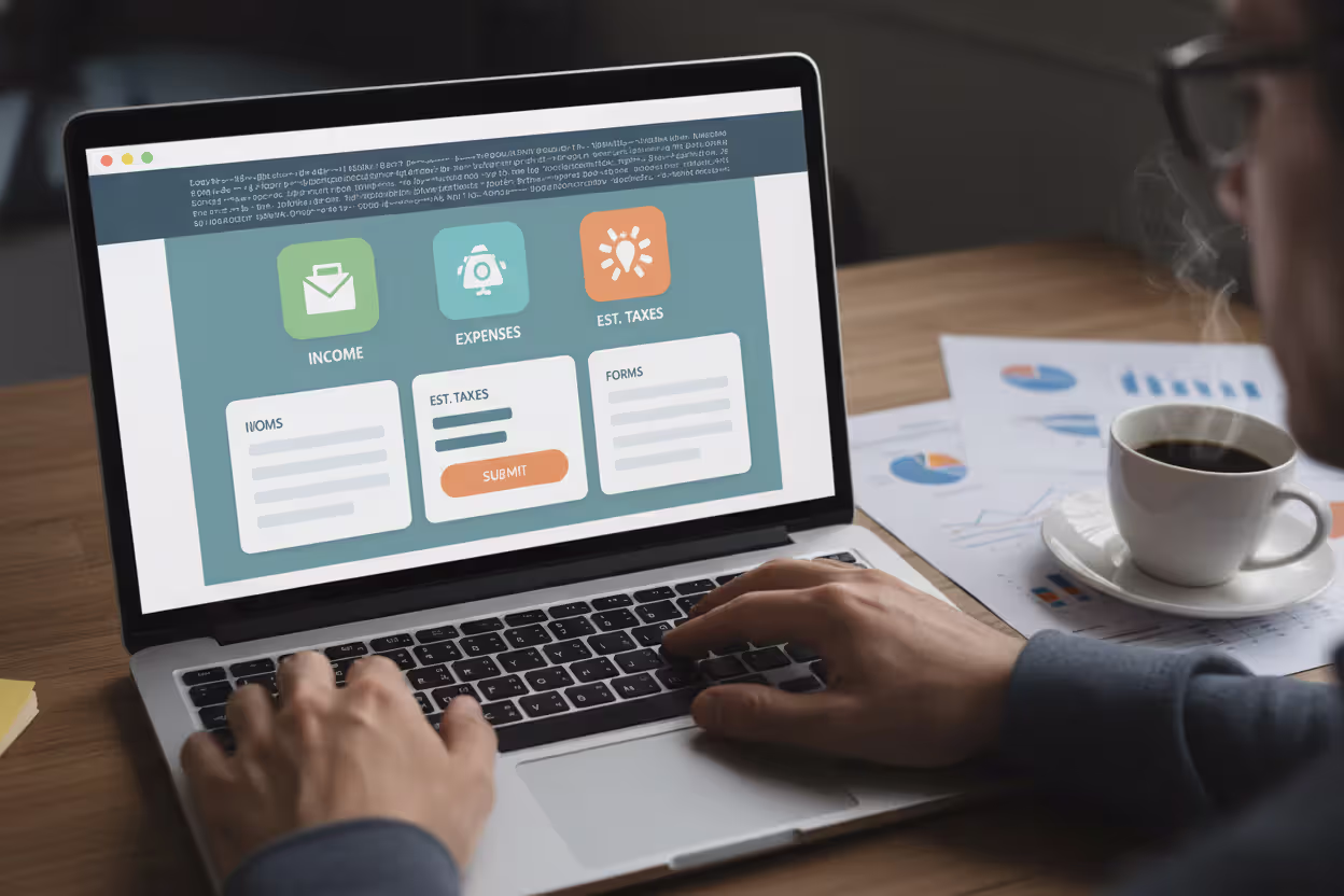 User reviewing LLC tax software dashboard with tax categories and business documents