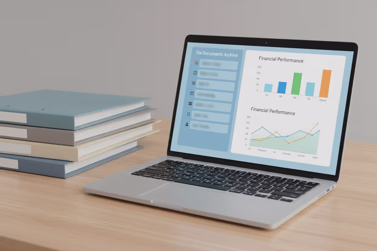 Archived tax records and prior-year financial documents on a laptop workspace