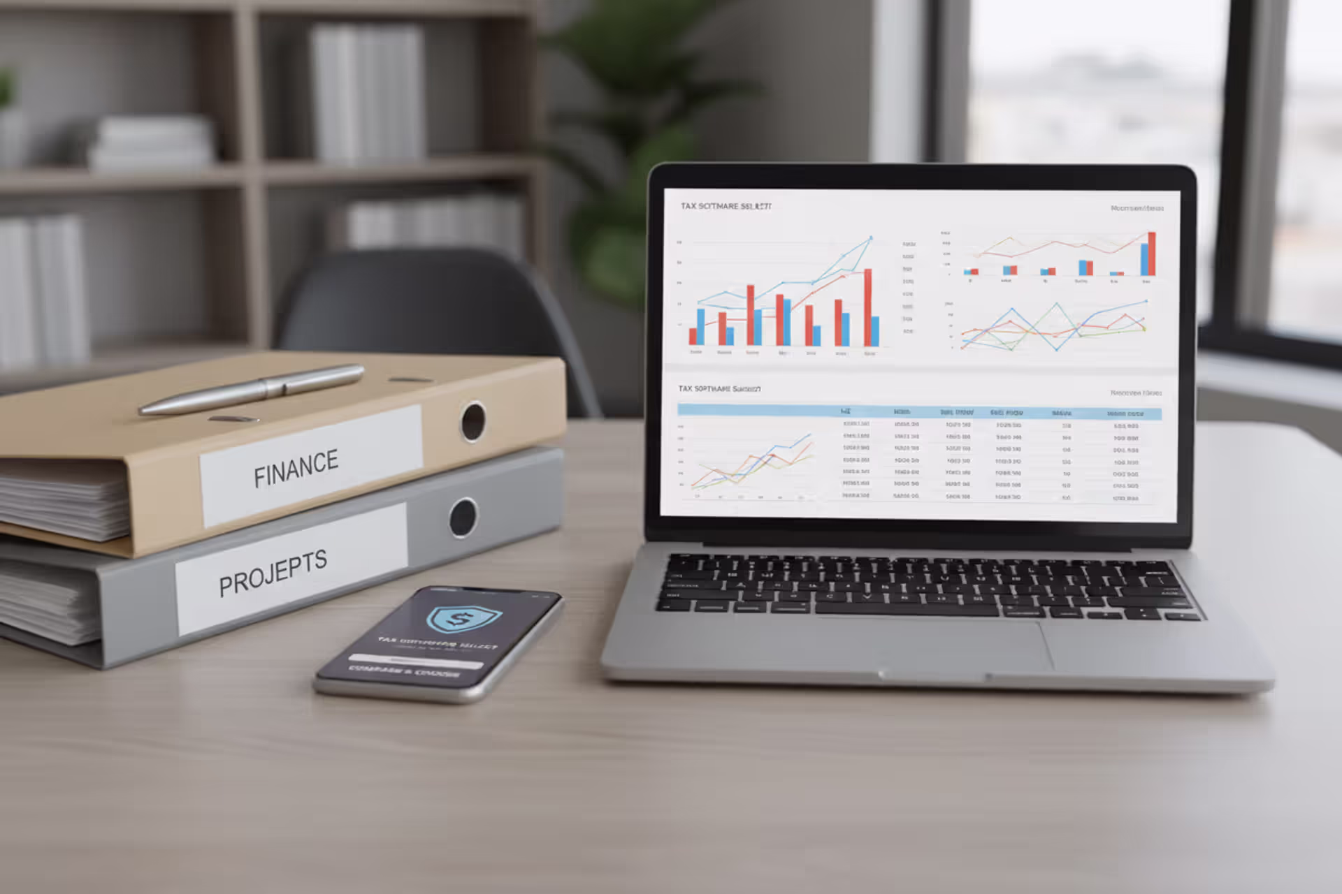 Business owner choosing tax software for an LLC at a desk with laptop and documents