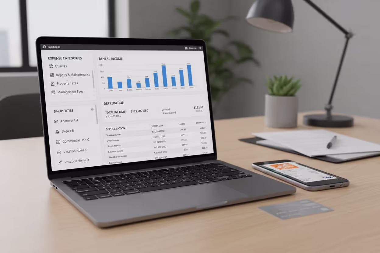 Rental property tax software dashboard showing income, expenses, and depreciation