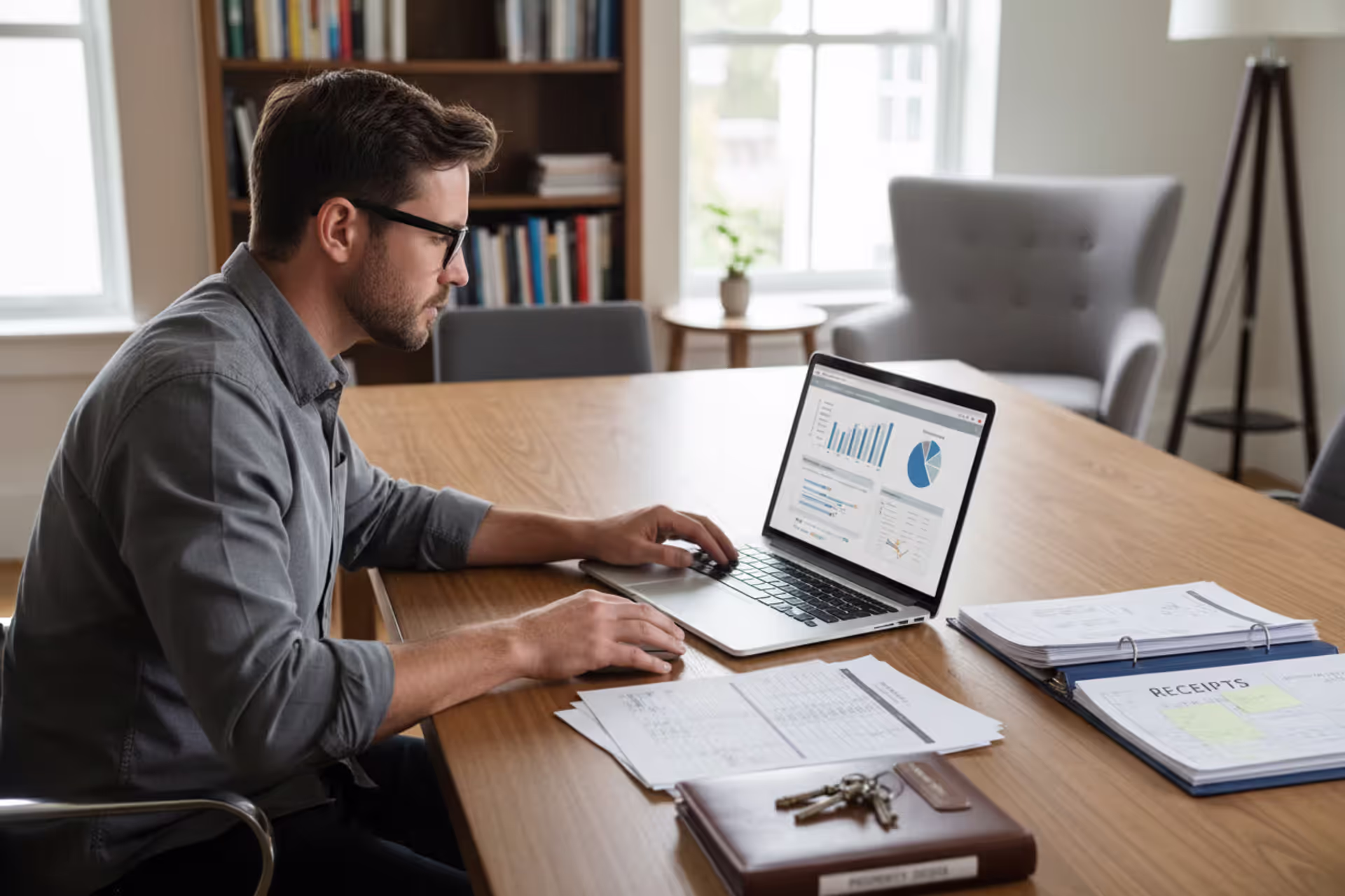 Landlord reviewing rental property taxes on a laptop at a desk