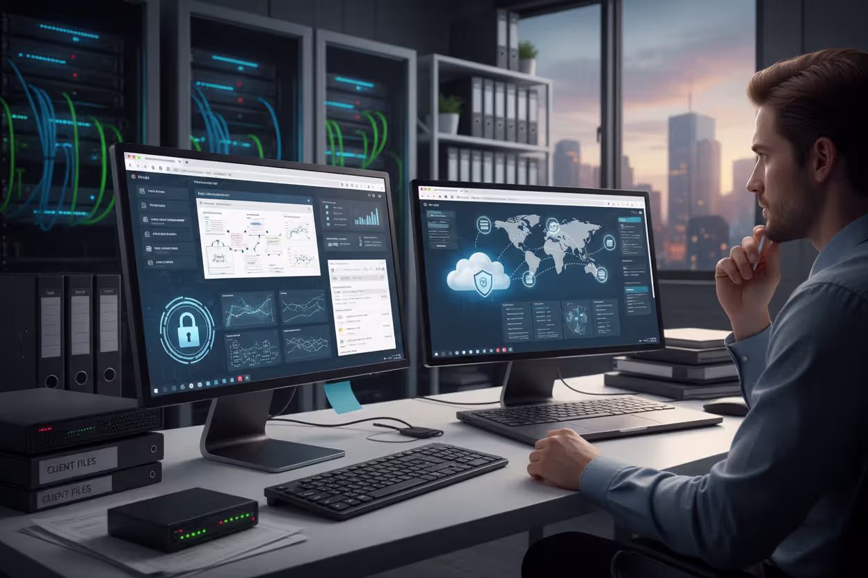 Cloud-based and desktop tax software shown in a professional office setting