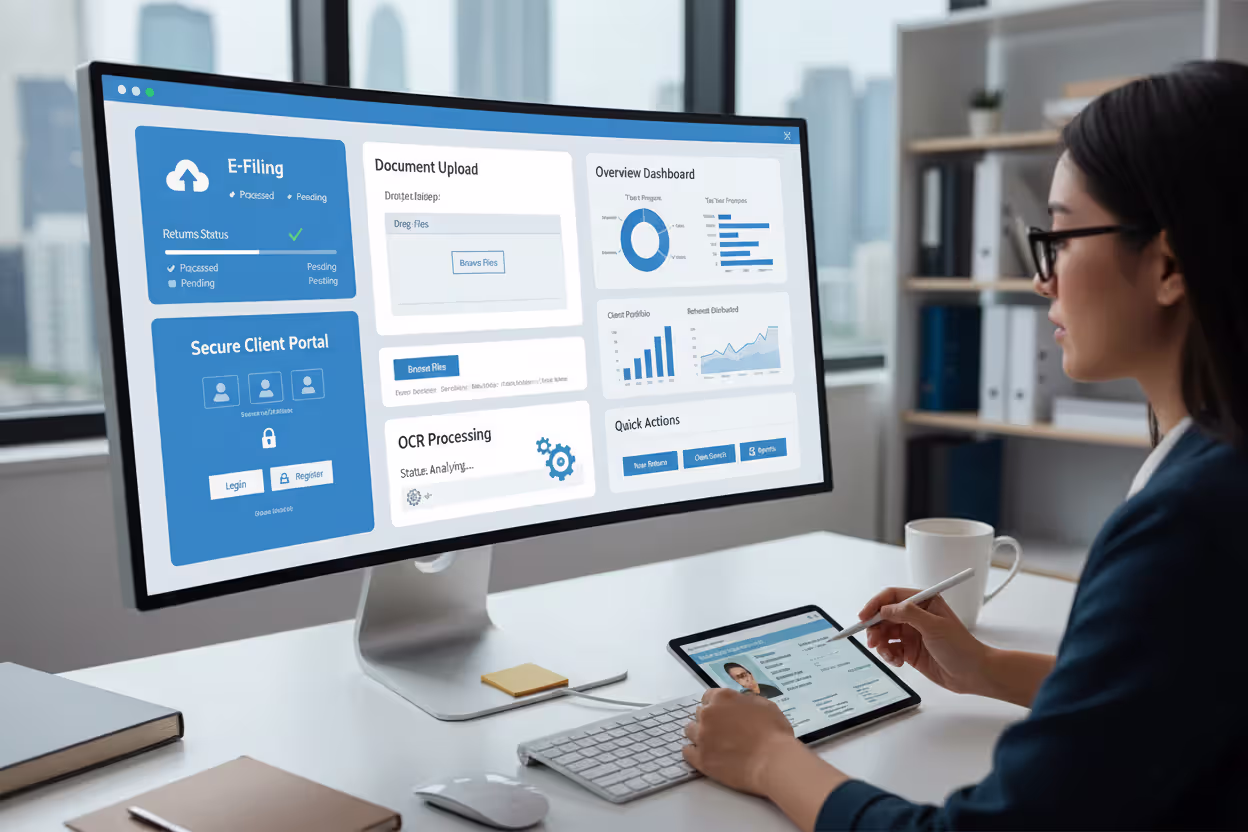 Professional tax software dashboard with e-filing, document management, and client portal features